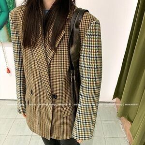 50% Wool Blended Blazer Contrasted Plaid Stylish Wool Coats Double Breasted Coat